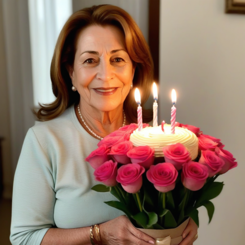 a 75 year old mother holding flower cake in his hand