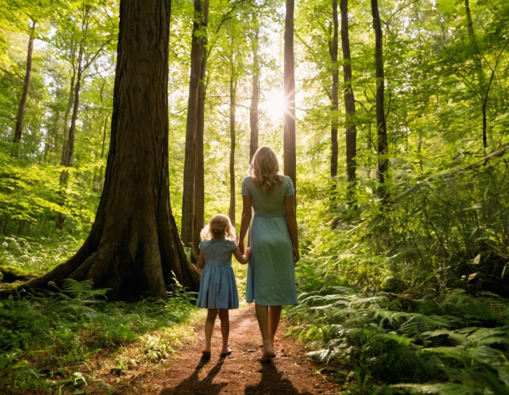 A mother and daughter stand hand-in-hand in a lush forest, connection to something larger than oneself, and spiritual growth.