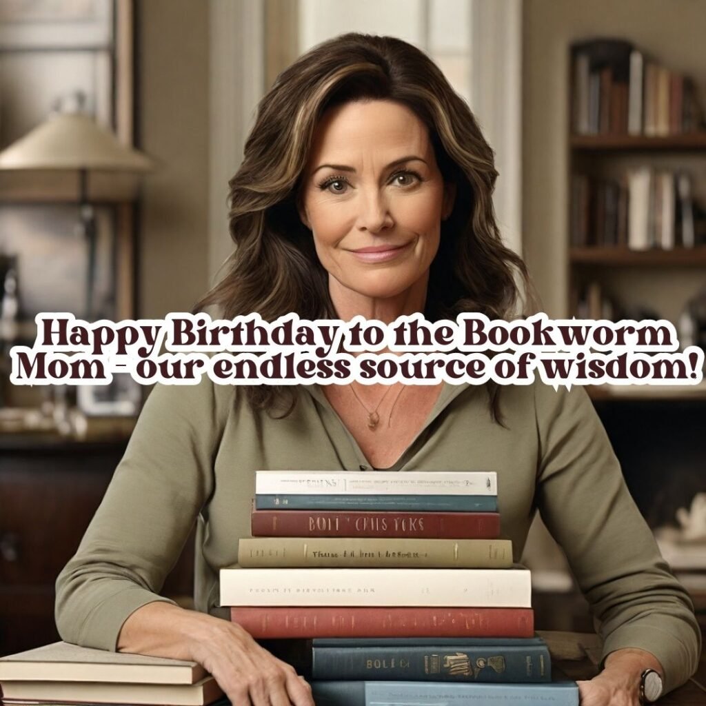 A meme of a mom with a stack of books and the caption, Happy Birthday to the Bookworm Mom – our endless source of wisdom!