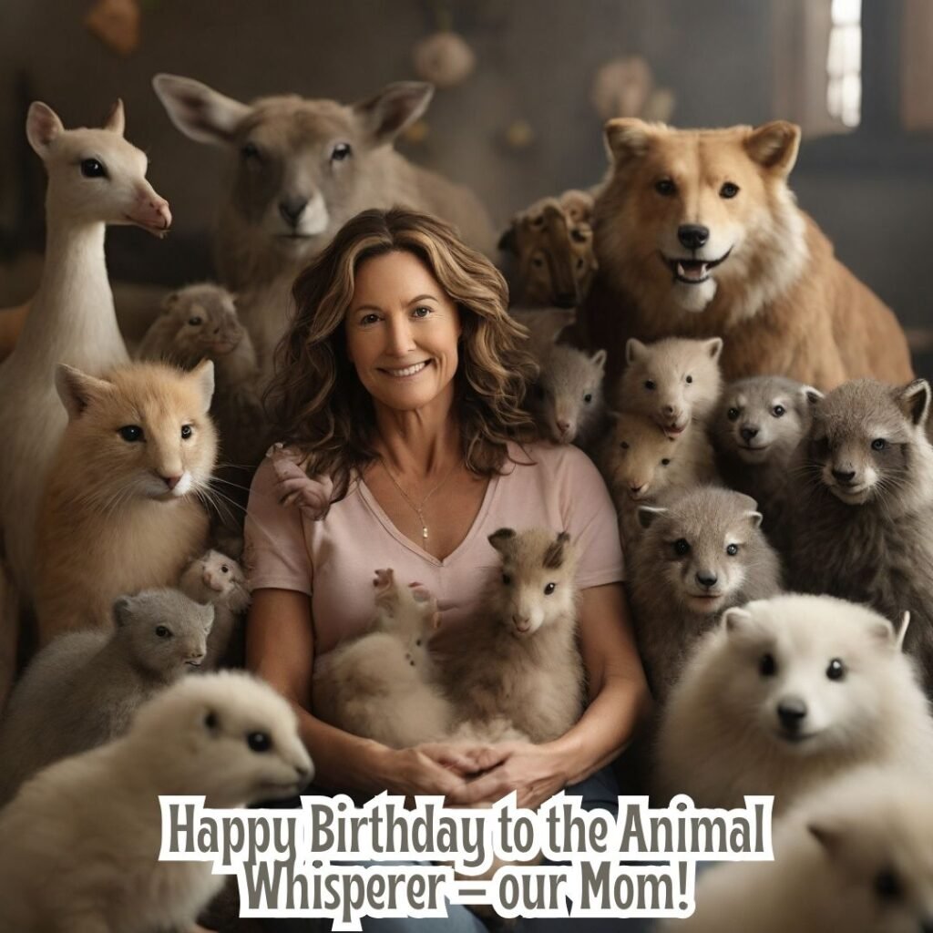 An image of a mom surrounded by adorable animals, captioned, Happy Birthday to the Animal Whisperer – our Mom!